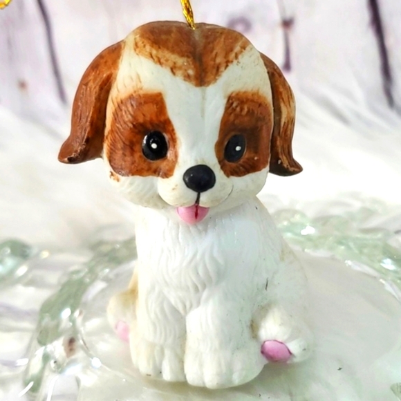 Vintage Ceramic Puppy Dog Pup Christmas Kitschy Holiday Ornament Bell Brown Wht - Picture 1 of 13